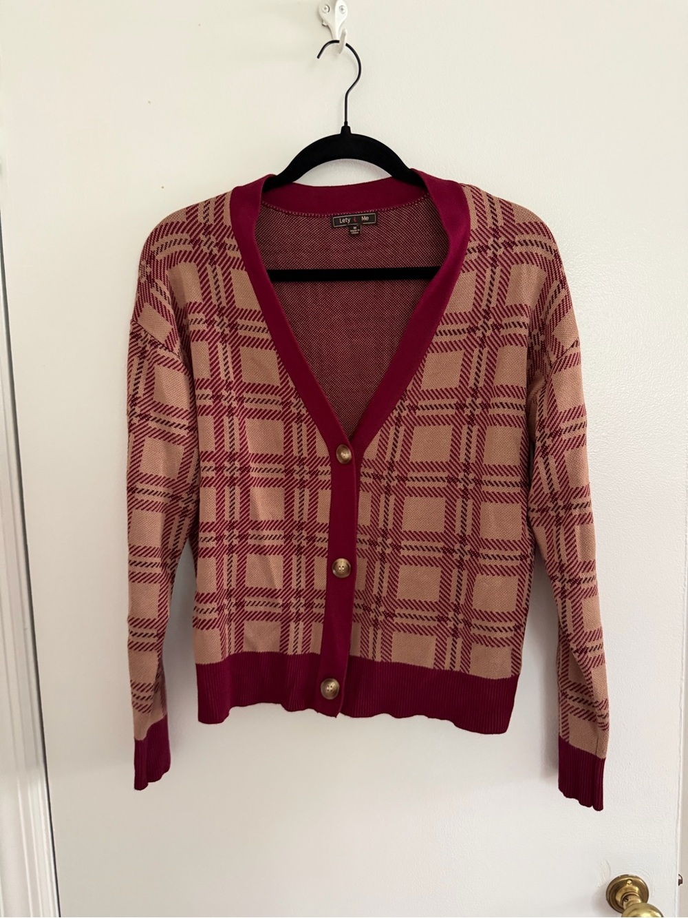 Lety & Me Riki Button Front Classic Plaid V-Neck Cardigan - Burgundy